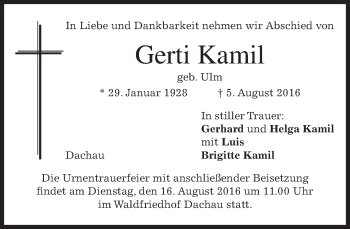 Traueranzeige von Gerti Kamil von merkurtz
