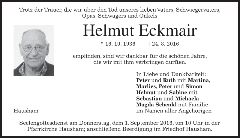  Traueranzeige für Helmut Eckmair vom 27.08.2016 aus merkurtz