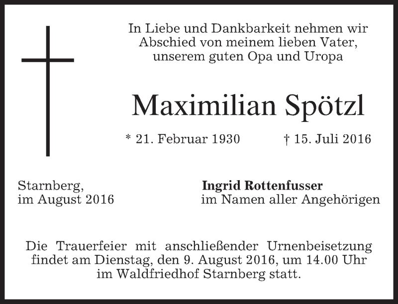  Traueranzeige für Maximilian Spötzl vom 03.08.2016 aus merkurtz
