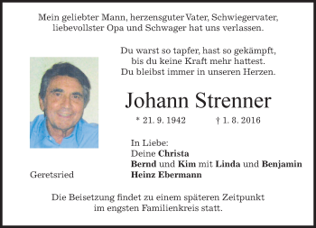 Traueranzeige von Johann Strenner von merkurtz