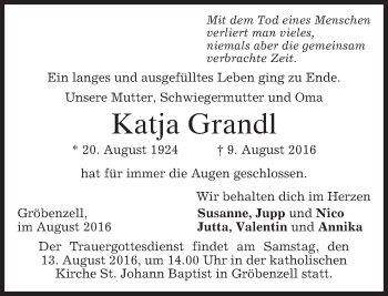 Traueranzeige von Katja Grandl von merkurtz