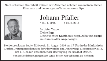Traueranzeige von Johann Pfaller von merkurtz