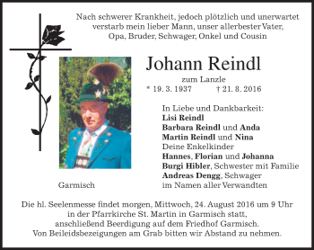 Traueranzeige von Johann Reindl von merkurtz