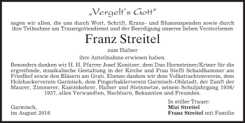 Traueranzeige von Franz Streitel von merkurtz