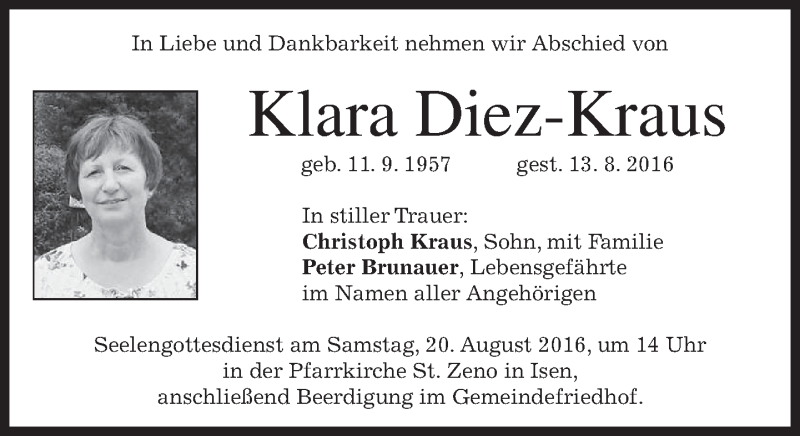  Traueranzeige für Klara Diez-Kraus vom 17.08.2016 aus merkurtz