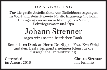 Traueranzeige von Johann Strenner von merkurtz