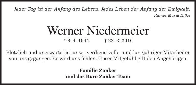  Traueranzeige für Werner Niedermeier vom 27.08.2016 aus merkurtz