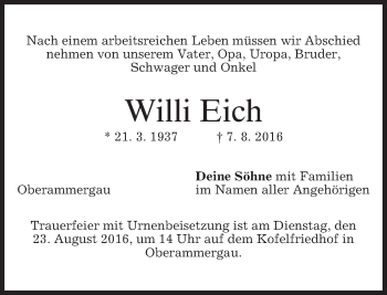 Traueranzeige von Willi Eich von merkurtz