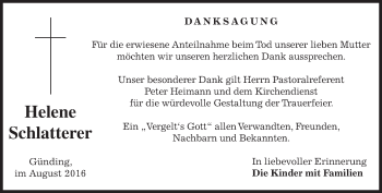 Traueranzeige von Helene Schlatterer von merkurtz