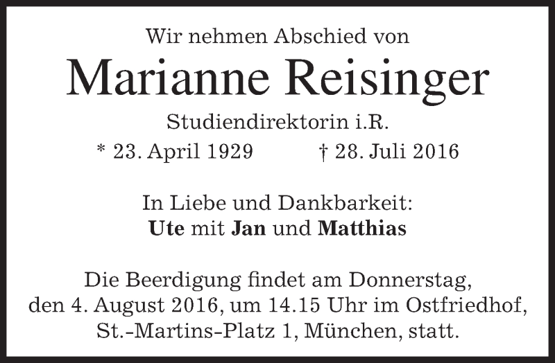  Traueranzeige für Marianne Reisinger vom 01.08.2016 aus merkurtz