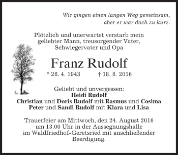 Traueranzeige von Franz Rudolf von merkurtz