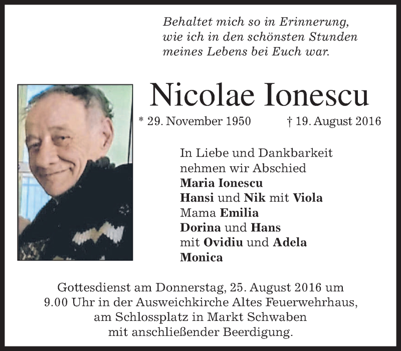  Traueranzeige für Nicolae Ionescu vom 24.08.2016 aus merkurtz
