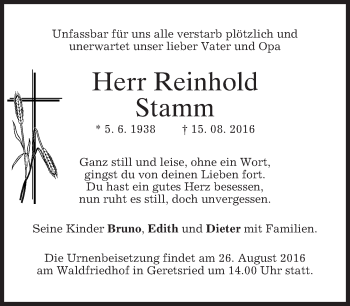 Traueranzeige von Reinhold Stamm von merkurtz
