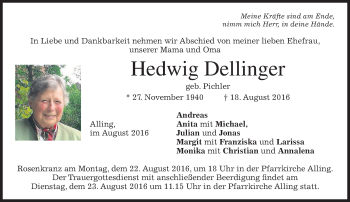 Traueranzeige von Hedwig Dellinger von merkurtz