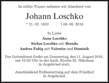 Traueranzeige von Johann Loschko von merkurtz
