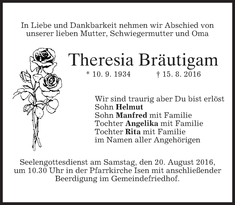  Traueranzeige für Theresia Bräutigam vom 17.08.2016 aus merkurtz