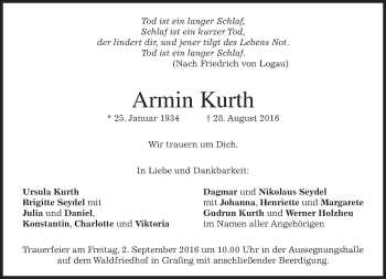 Traueranzeige von Armin Kurth von merkurtz
