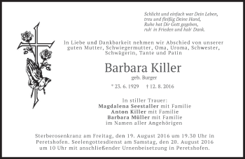 Traueranzeige von Barbara Killer von merkurtz