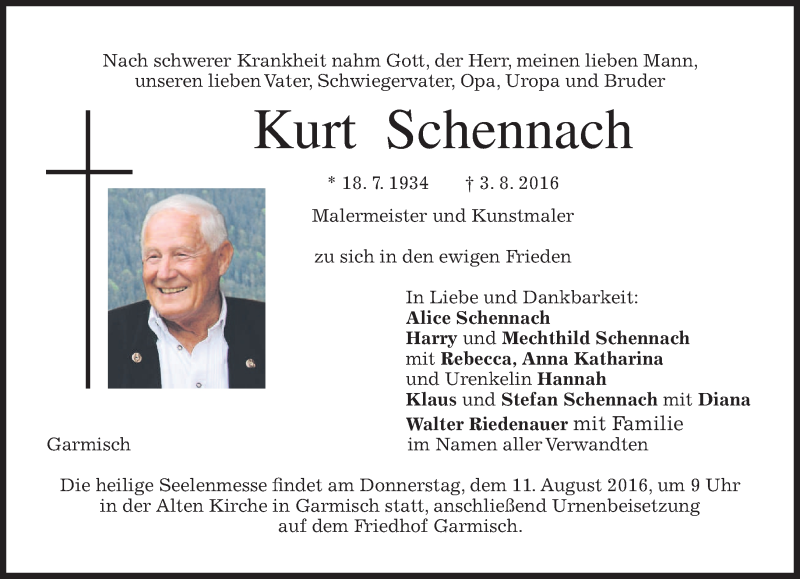  Traueranzeige für Kurt Schennach vom 06.08.2016 aus merkurtz