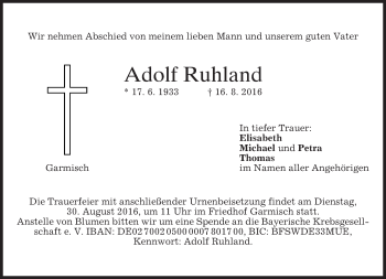 Traueranzeige von Adolf Ruhland von merkurtz
