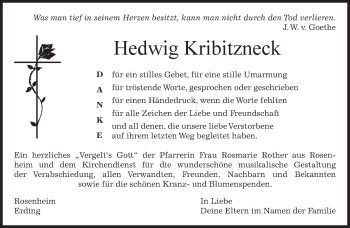 Traueranzeige von Hedwig Kribitzneck von merkurtz