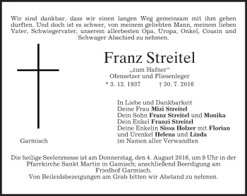 Traueranzeige von Franz Streitel von merkurtz