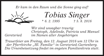 Traueranzeige von Tobias Singer von merkurtz