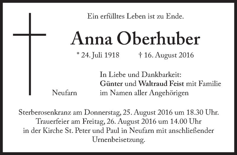  Traueranzeige für Anna Oberhuber vom 20.08.2016 aus merkurtz