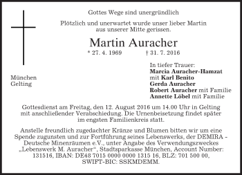 Traueranzeige von Martin Auracher von merkurtz