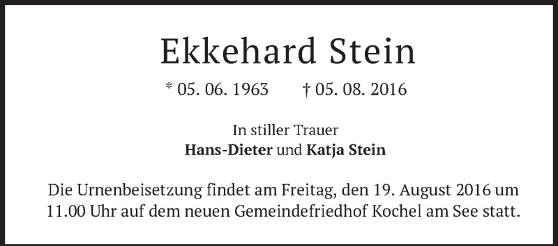 Traueranzeige für Ekkehard Stein vom 18.08.2016 aus merkurtz