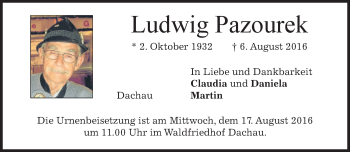 Traueranzeige von Ludwig Pazourek von merkurtz