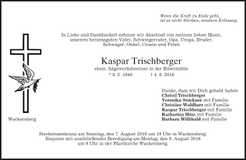Traueranzeige von Kaspar Trischberger von merkurtz