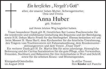 Traueranzeige von Anna Huber von merkurtz