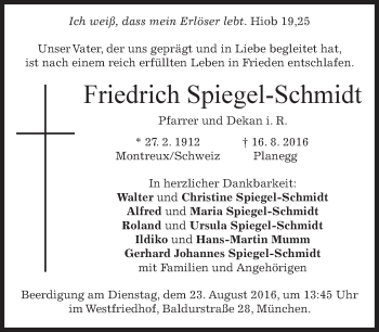 Traueranzeige von Friedrich Spiegel-Schmidt von merkurtz