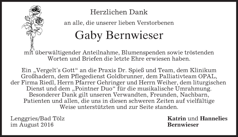  Traueranzeige für Gaby Bernwieser vom 13.08.2016 aus merkurtz