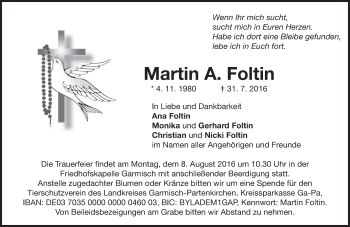 Traueranzeige von Martin A. Foltin von merkurtz