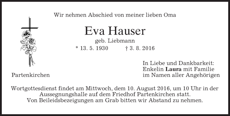 Traueranzeige für Eva Hauser vom 06.08.2016 aus merkurtz