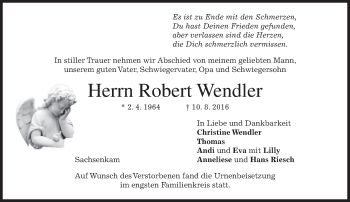 Traueranzeige von Robert Wendler von merkurtz