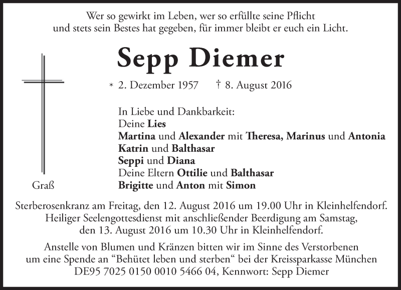  Traueranzeige für Sepp Diemer vom 10.08.2016 aus merkurtz