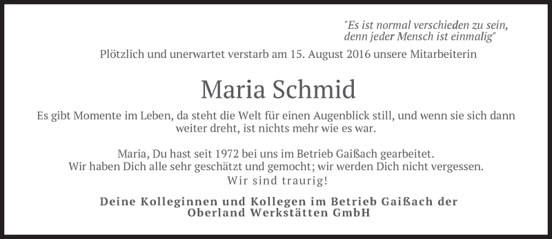  Traueranzeige für Maria Schmid vom 18.08.2016 aus merkurtz