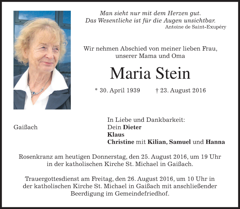  Traueranzeige für Maria Stein vom 25.08.2016 aus merkurtz