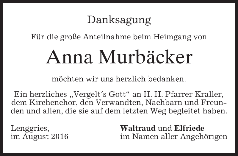  Traueranzeige für Anna Murbäcker vom 06.08.2016 aus merkurtz