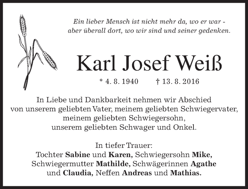  Traueranzeige für Karl Josef Weiß vom 20.08.2016 aus merkurtz