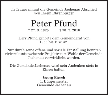 Traueranzeige von Peter Pfund von merkurtz