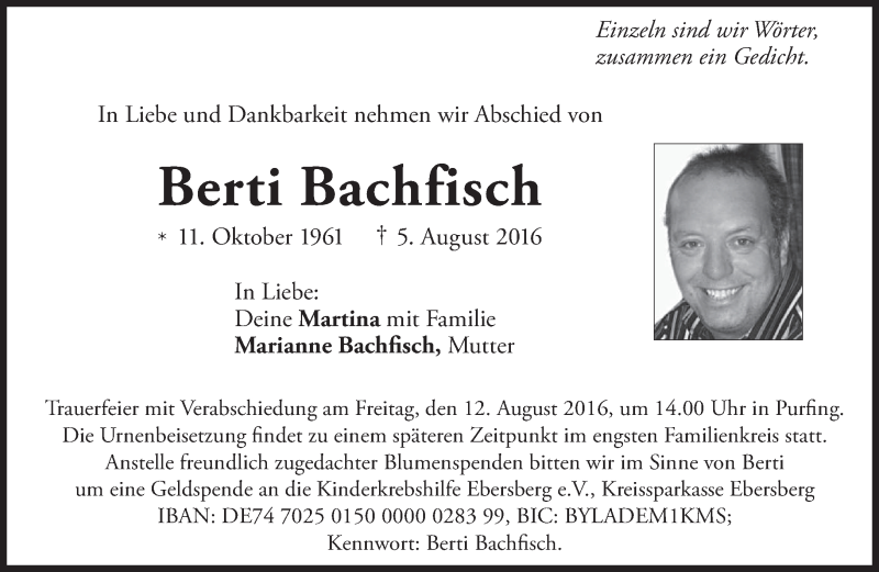  Traueranzeige für Berti Bachfisch vom 09.08.2016 aus merkurtz
