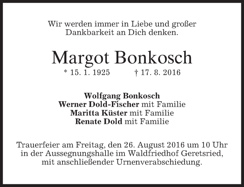  Traueranzeige für Margot Bonkosch vom 20.08.2016 aus merkurtz