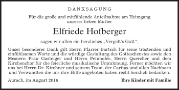 Traueranzeige von Elfriede Hofberger von merkurtz