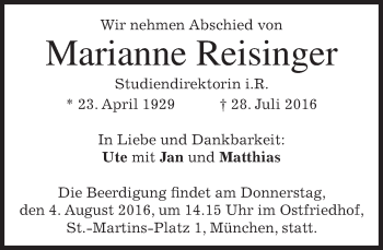 Traueranzeige von Marianne Reisinger von merkurtz