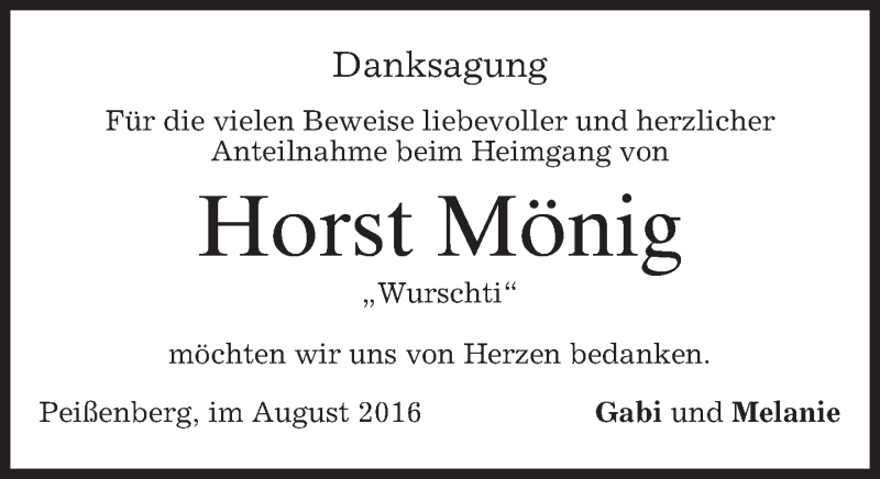  Traueranzeige für Horst Mönig vom 12.08.2016 aus merkurtz