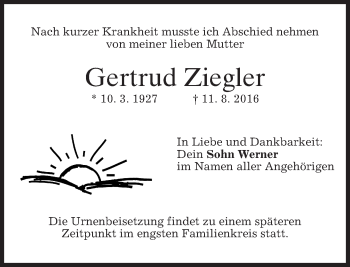 Traueranzeige von Gertrud Ziegler von merkurtz